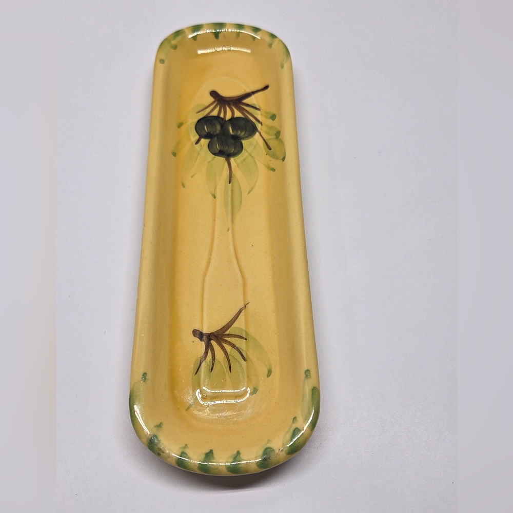 Hand Made Olive Boat/Spoon Rest Ceramic Hand Painted Yellow With Olive Detail